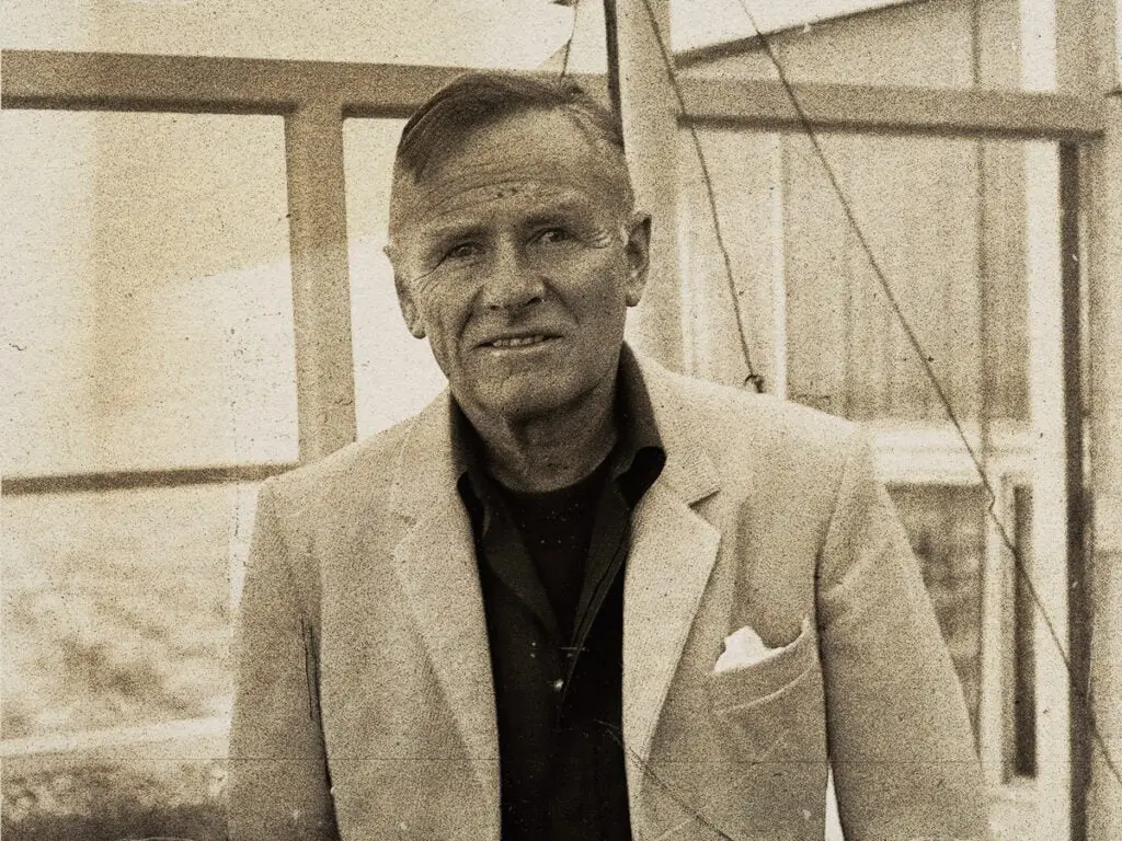 Christopher Isherwood on roof of Hyatt Hotel Los Angeles - 1973