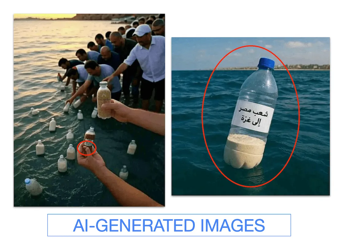Em meio à fome em Gaza, imagens geradas por IA de egípcios jogando garrafas de comida ao mar se tornam virais' width='1114' height='800' title=