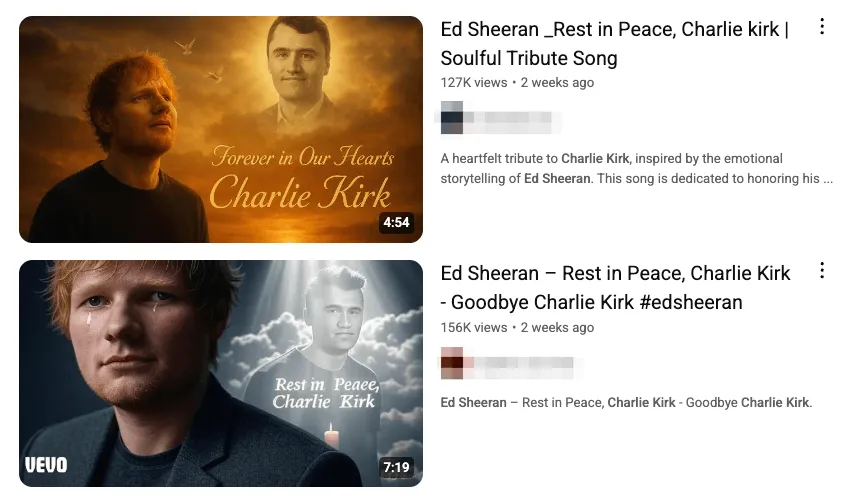 As pessoas usaram IA para fazer dezenas de homenagens falsas de celebridades a Charlie Kirk. Milhões acreditaram neles' width='849' height='502' title=