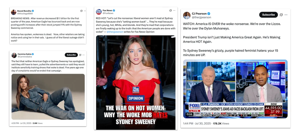 El apoyo de On X a los anuncios de American Eagle con los 'buenos jeans' de Sydney Sweeney abruma las críticas' width='1200' height='549' title=