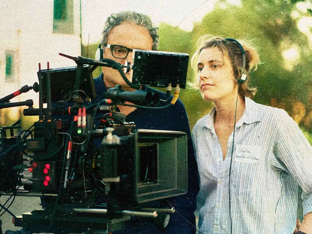 Greta Gerwig on the set of Ladybird with cinematographer Sam Levy - 2017