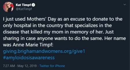   Kat's tweet regarding donating for a hospital.