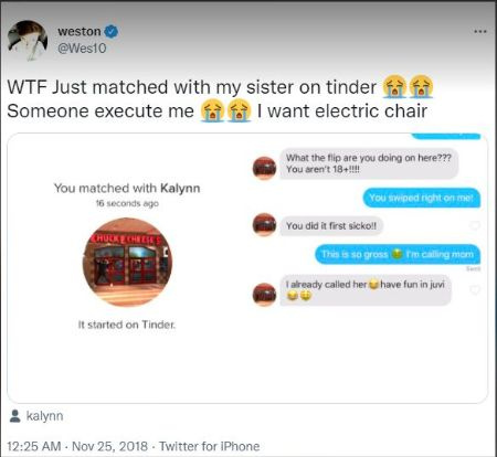   Lo streamer di Twitch, Weston Koury ha fatto scorrere a destra sua sorella's tinder profile.