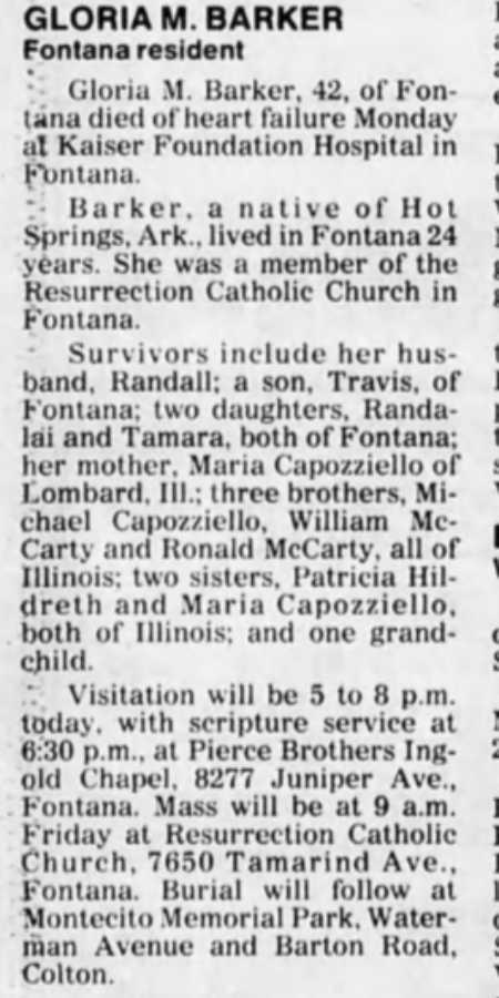 La nécrologie de Gloria Barker a été publiée dans un journal.