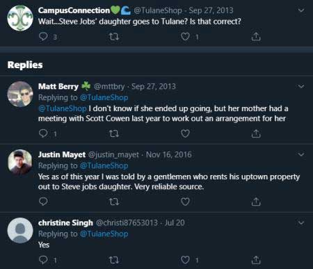 Tweets que insinuaron que Erin Siena Jobs estudió en la Universidad de Tulane