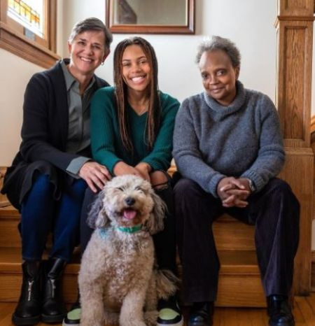   Chicago's first LGBT Mayor, Lori Lightfoot with her daughter Vivian Lightfoot and her wife Amy Eshleman. 