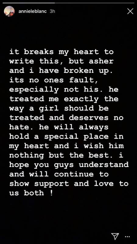 Annie publicó una historia después de romper con su novio Asher Angel