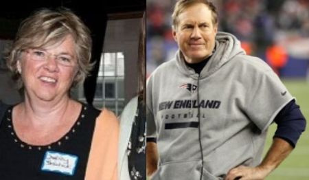 a la derecha, el entrenador en jefe de los New England Patriots, Bill Belichick, y su exesposa y empresaria Debby Clarke.