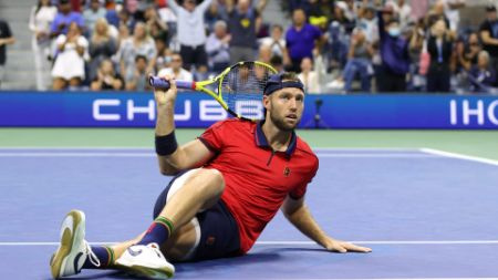 Jack Sock, Olympiasieger von 2016, bei der ersten Runde in Indian Wells im Oktober 2021