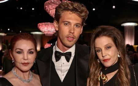A partir da esquerda, Elvis Presley's widow, Priscilla Presley, Austin Butler, and the late Lisa Marie Presley at the 2022 Golden Globe Awards