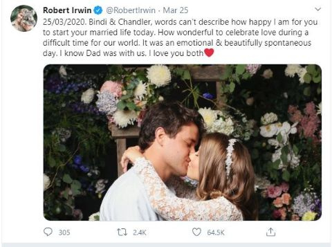   Bindi's brother tweets wishing her married life