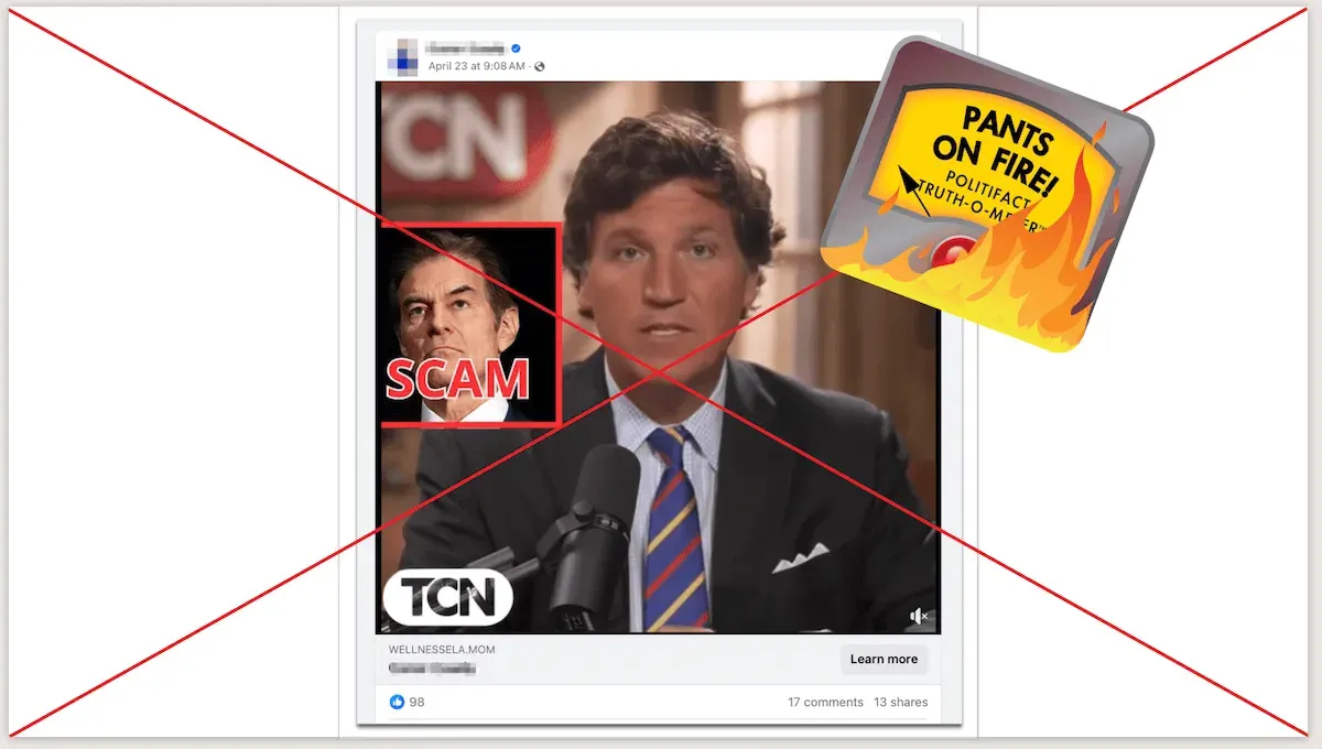 A screenshot of a video on social media showing former Fox News host Tucker Carlson with a red X and the PolitiFact Pants on Fire! label.