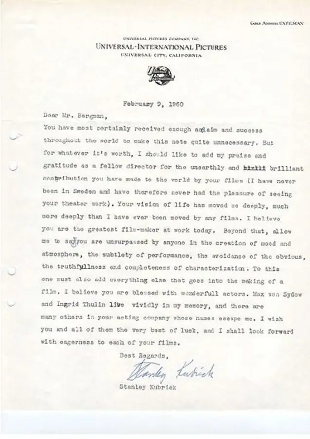 La carta personal de Stanley Kubrick a Ingmar Bergman: Su visión de la vida me ha movido profundamente