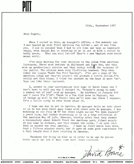 Lembre -se de David Bowies fascinante carta pessoal para seu primeiro fanático americano, 1967