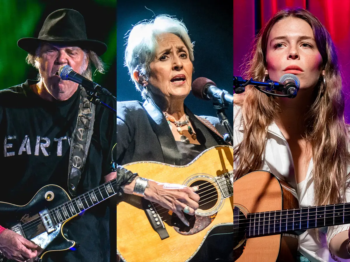 Neil Young, Joan Baez, Maggie Rogers toca rockin no mundo livre em Bernie Sanders e Alexandria Ocasio-Cortez Rallye