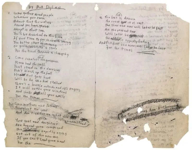 Textos de manuscritos originais de Bob Dylan para os tempos são uma mudança