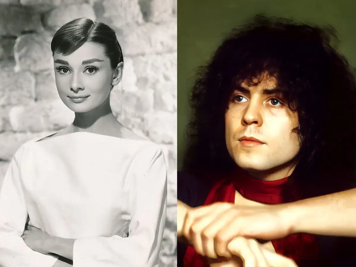 Aubrey Hepburn e Marc Bolan recebem o prato azul em Londres